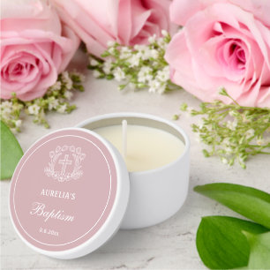 Simple Floral Cross on Pink Baptism Mini Candle Favors
