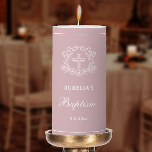 Simple Floral Cross on Pink Baptism Pillar Candle