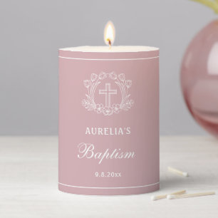 Simple Floral Cross on Pink Baptism Small Pillar Candle