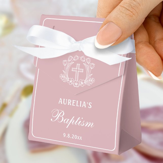 Simple Floral Cross on Pink Baptism Small Tent Favor Boxes (Creator Uploaded)