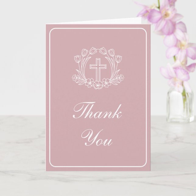 Simple Floral Cross on Pink Religious Thank You Card (Orchid)