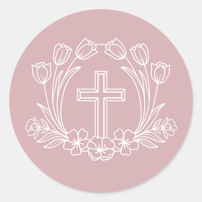 Simple Floral Cross on Pink Sticker (Front)