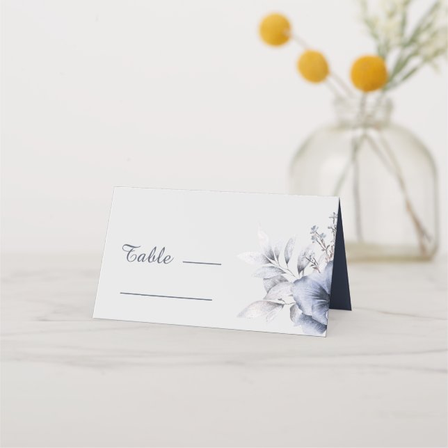 Simple Floral Dusty Blue  Wedding Place Card (Front)