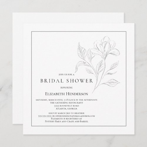 Simple Floral Elegant Black White Bridal Shower Invitation