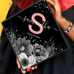 Simple Floral Elegant Monogram Graduate Graduation Cap Topper<br><div class="desc">A simple yet elegant graduation cap featuring gray florals adn foliage,  silver confetti,  a monogram with handwritten calligraphy script and an initial that can be changed to any color,  a black background and the class year.</div>