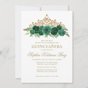 Simple Floral Emerald Green Gold Crown Quinceañera Invitation