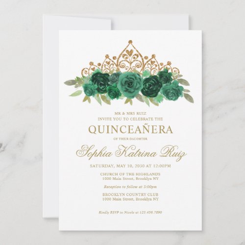 Simple Floral Emerald Green Gold Crown Quinceaera Invitation
