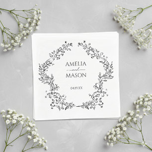 Simple Floral Frame Black and White Paper Wedding Napkins