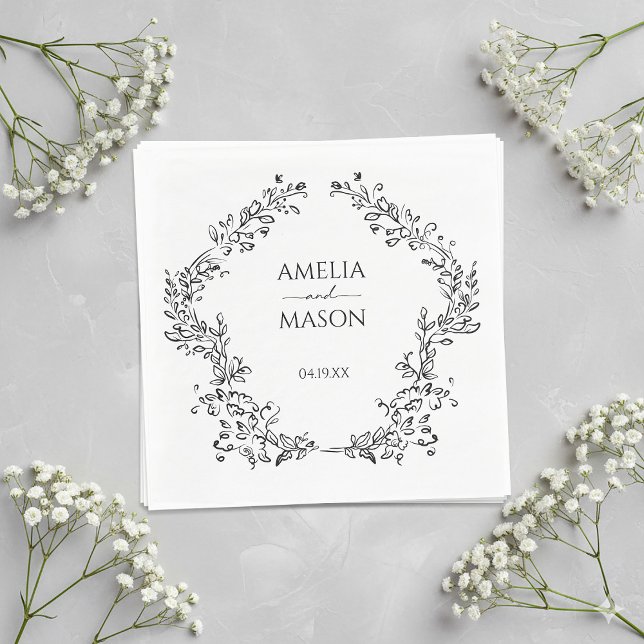 Simple Floral Frame Black and White Paper Wedding Napkins (Simple Floral Frame Black and White Paper Wedding Napkins)