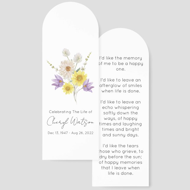 Simple Floral Funeral Memorial Bookmark (Front & Back)