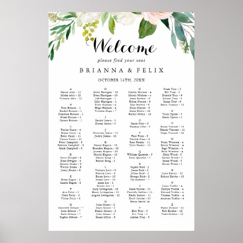 Simple Floral Green Alphabetical Seating Chart