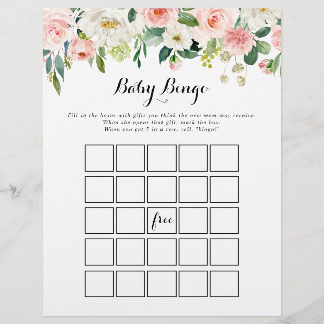 Simple Floral Green Baby Bingo Shower Game (Front)