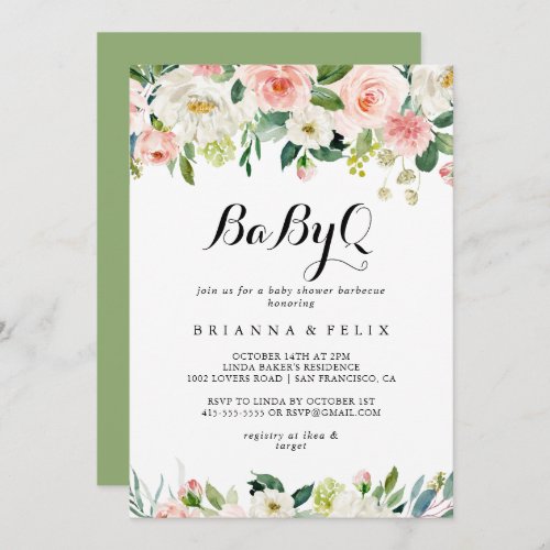 Simple Floral Green BabyQ Baby Shower Barbecue Invitation