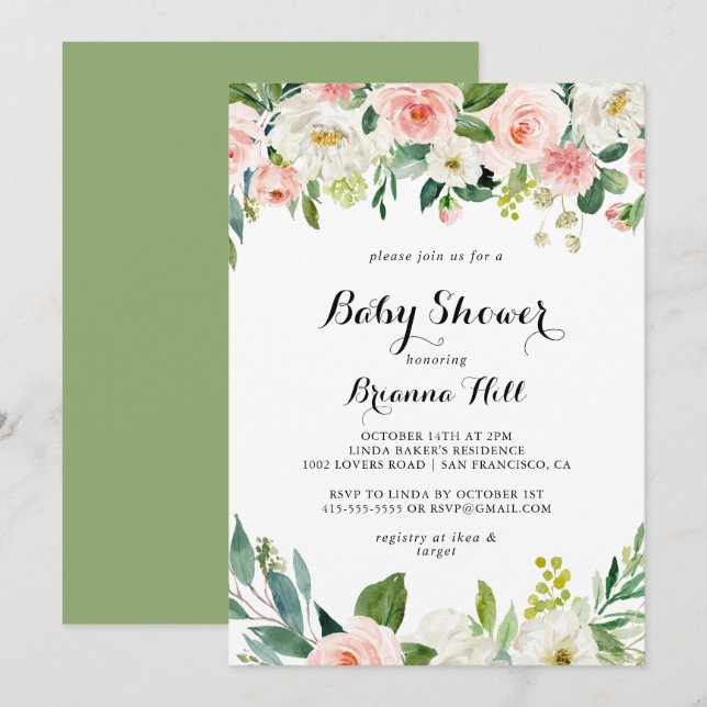 Simple Floral Green Calligraphy Baby Shower Invitation (Front/Back)