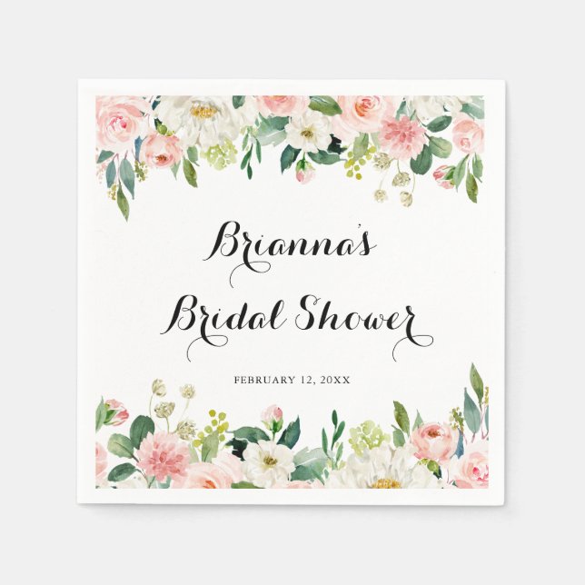 Simple Floral Green Calligraphy Bridal Shower Napkins (Front)