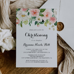 Simple Floral Green Calligraphy Christening Invitation