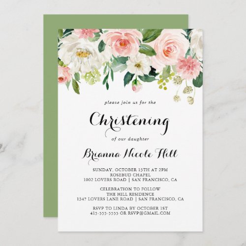 Simple Floral Green Calligraphy Christening Invitation