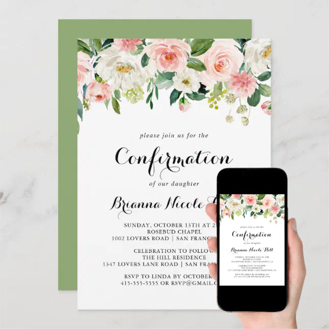 Simple Floral Green Calligraphy Confirmation Invitation 