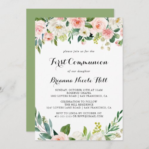 Simple Floral Green Calligraphy First Communion Invitation