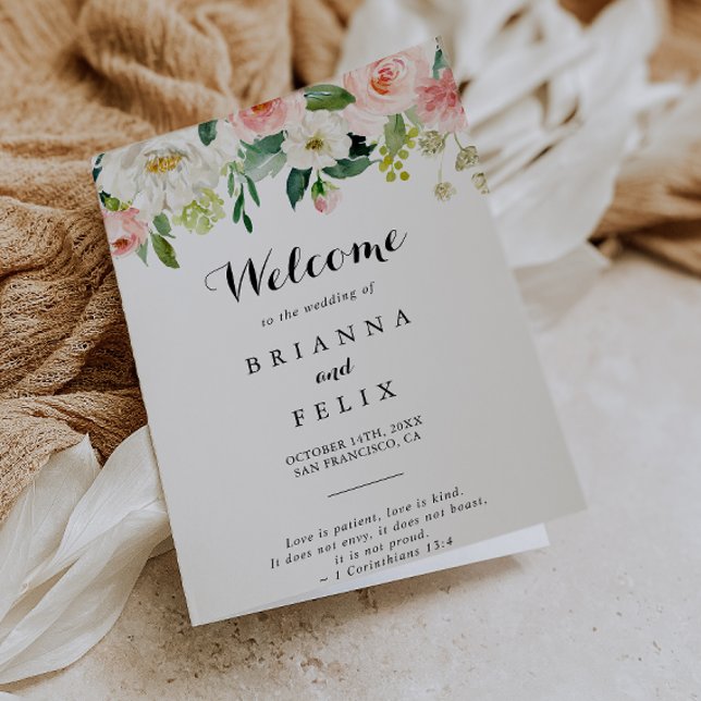 Simple Floral Green Calligraphy Folded Wedding Program (Creator Uploaded)