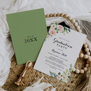Simple Floral Green Calligraphy Graduation Party Invitation
