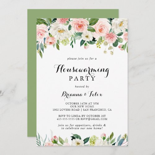 Simple Floral Green Calligraphy Housewarming Party Invitation