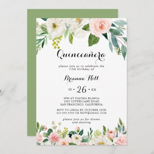 Simple Floral Green Calligraphy Quinceaera Invitation