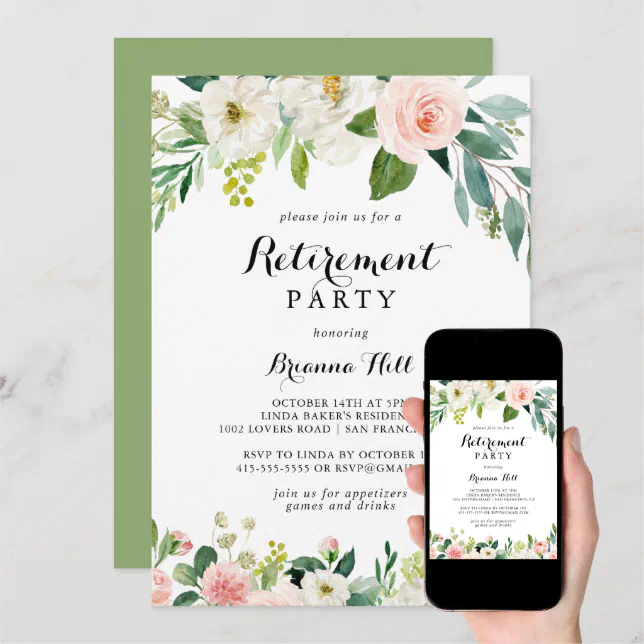 Simple Floral Green Calligraphy Retirement Party Invitation | Zazzle