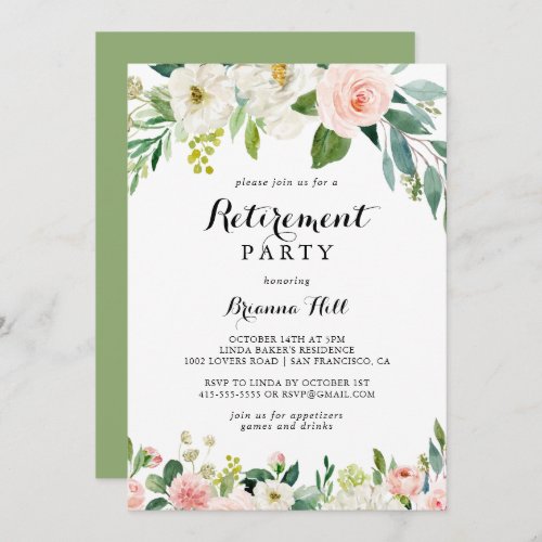 Simple Floral Green Calligraphy Retirement Party Invitation