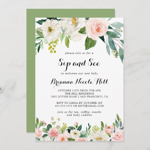 Simple Floral Green Calligraphy Sip and See Invitation