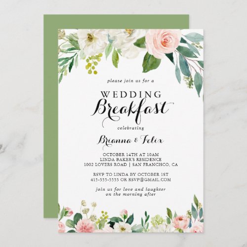 Simple Floral Green Calligraphy Wedding Breakfast Invitation