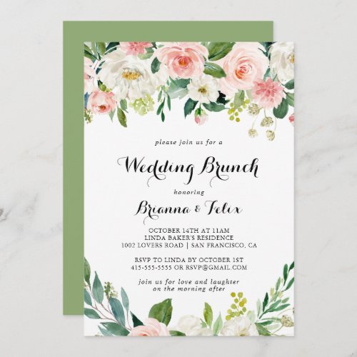 Simple Floral Green Calligraphy Wedding Brunch Invitation