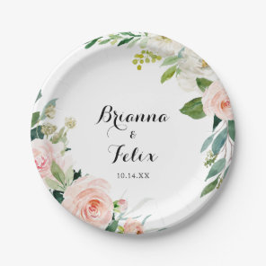 Simple Floral Green Calligraphy Wedding Cake Paper Plates