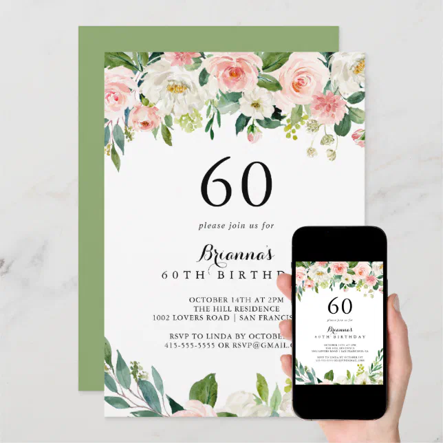 Simple Floral Green Foliage 60th Birthday Party Invitation | Zazzle