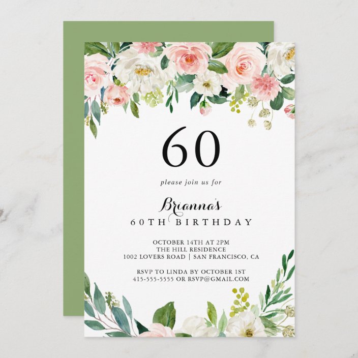 Simple Floral Green Foliage 60th Birthday Party Invitation | Zazzle.com