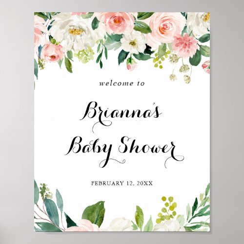 Simple Floral Green Foliage Baby Shower Welcome Poster
