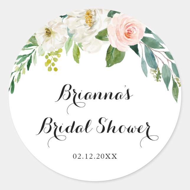 Simple Floral Green Foliage Bridal Shower Favor Classic Round Sticker (Front)