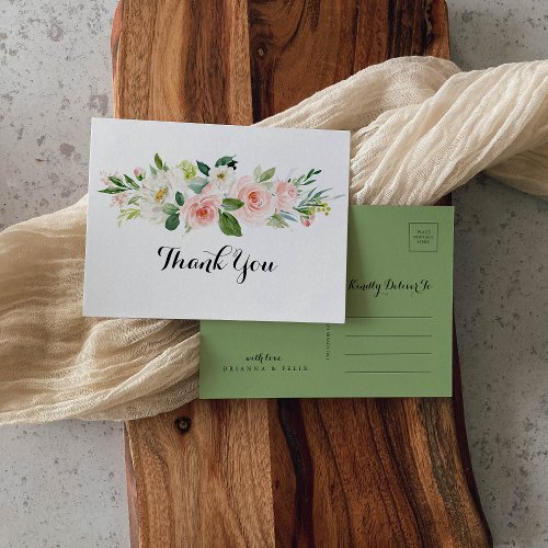 Simple Floral Green Foliage Calligraphy Thank You Postcard
