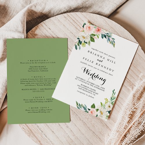 Simple Floral Green Foliage Front  Back Wedding Invitation