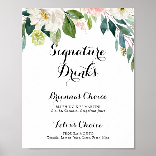 Simple Floral Green Foliage Signature Drinks Sign