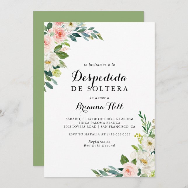 Simple Floral Green Foliage Spanish Bridal Shower Invitation (Front/Back)