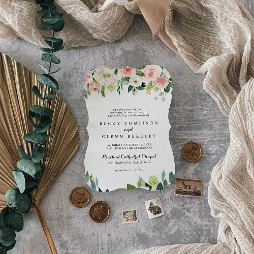 Simple Floral Green Foliage Traditional Wedding Invitation