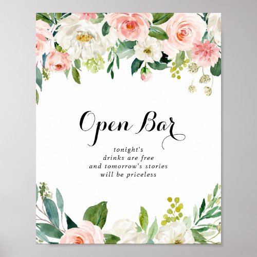 Simple Floral Green Foliage Wedding Open Bar Sign