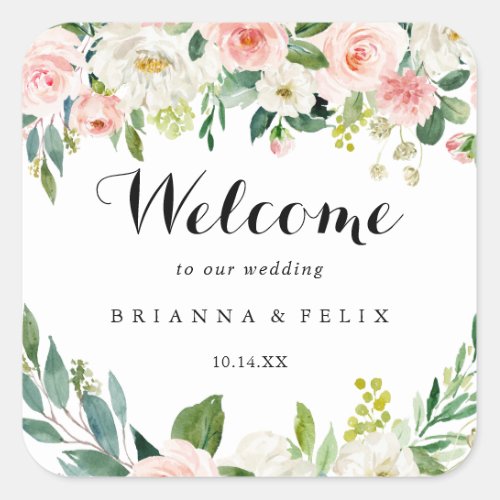 Simple Floral Green Foliage Wedding Welcome Square Sticker