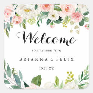 Simple Floral Green Foliage Wedding Welcome Square Sticker