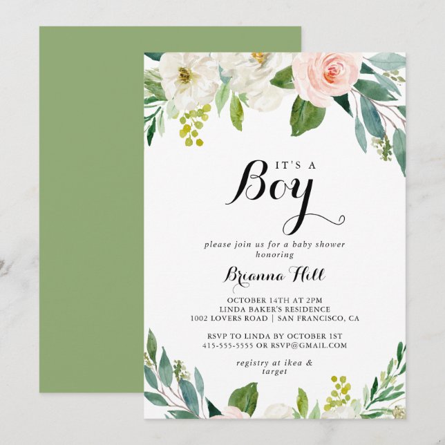Simple Floral Green It's A Boy Baby Shower Invitation (Front/Back)