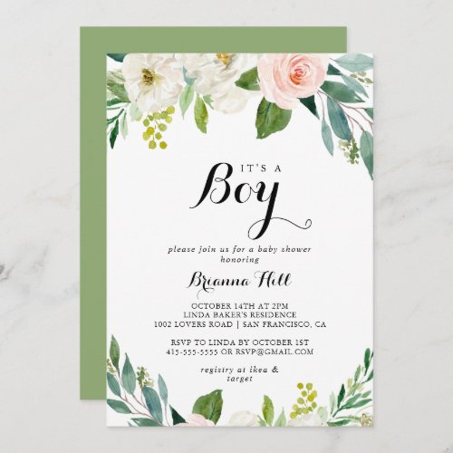 Simple Floral Green Its A Boy Baby Shower Invitation