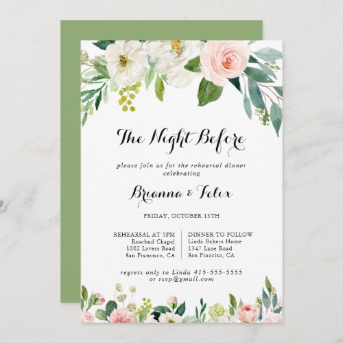 Simple Floral Green Night Before Rehearsal Dinner Invitation