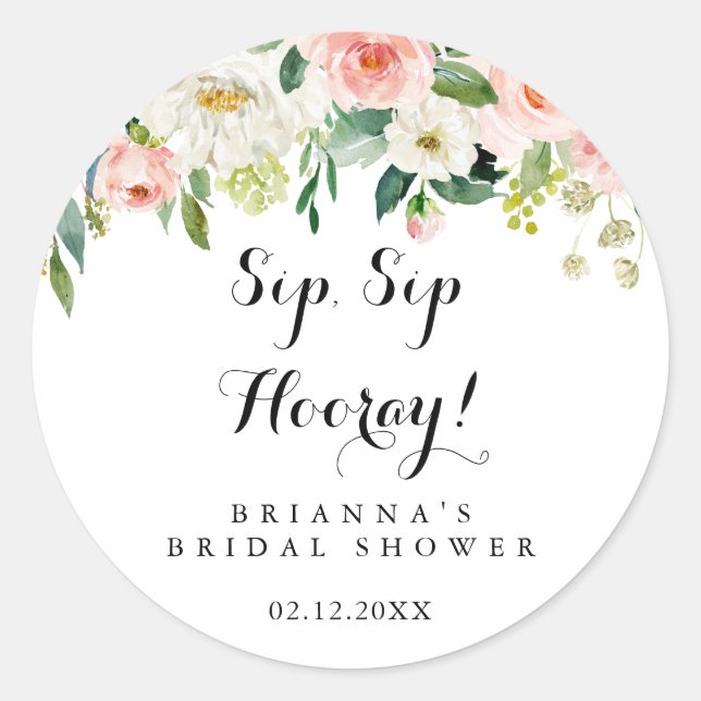 Simple Floral Green Sip Sip Hooray Bridal Shower Classic Round Sticker (Front)
