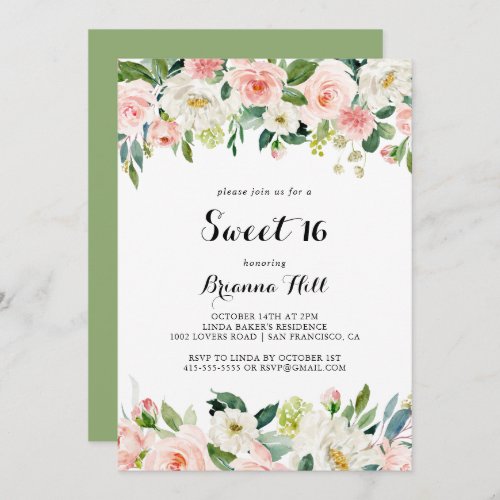 Simple Floral Green Sweet 16 Birthday Party Invitation
